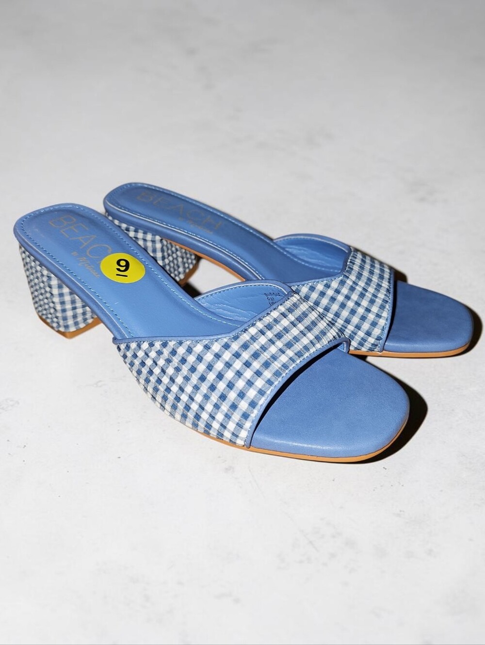 Nwot Beach Matissa Blue Gingham Block Heel Slide Sandals